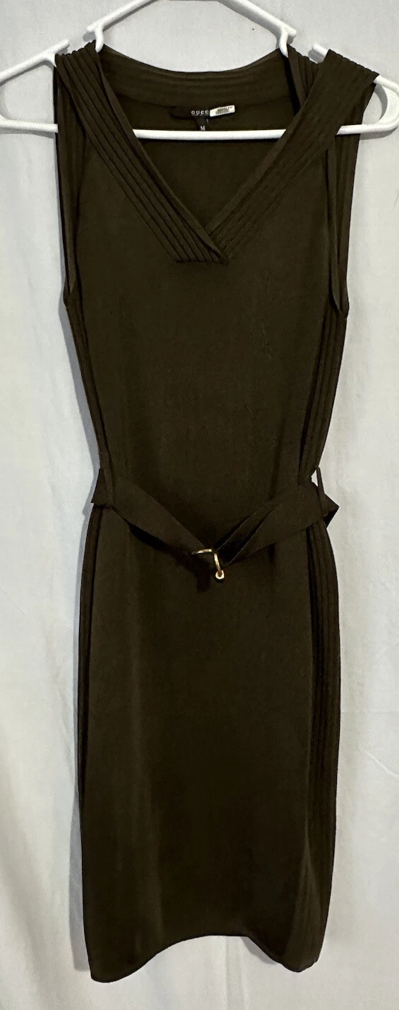 Robe courte Gucci olive sans manches tricot marron vert stretch moulante ceinture moyenne