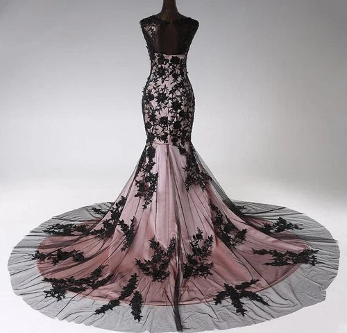 Gothic Mermaid Wedding Dresses Scoop Neck Black Pink Lace Appliques Bridal Gowns - Picture 4 of 10