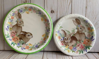 Easter Party 16 Paper Plates Bunny Rabbits Spring Floral Round New 8.5  + 6.75 
