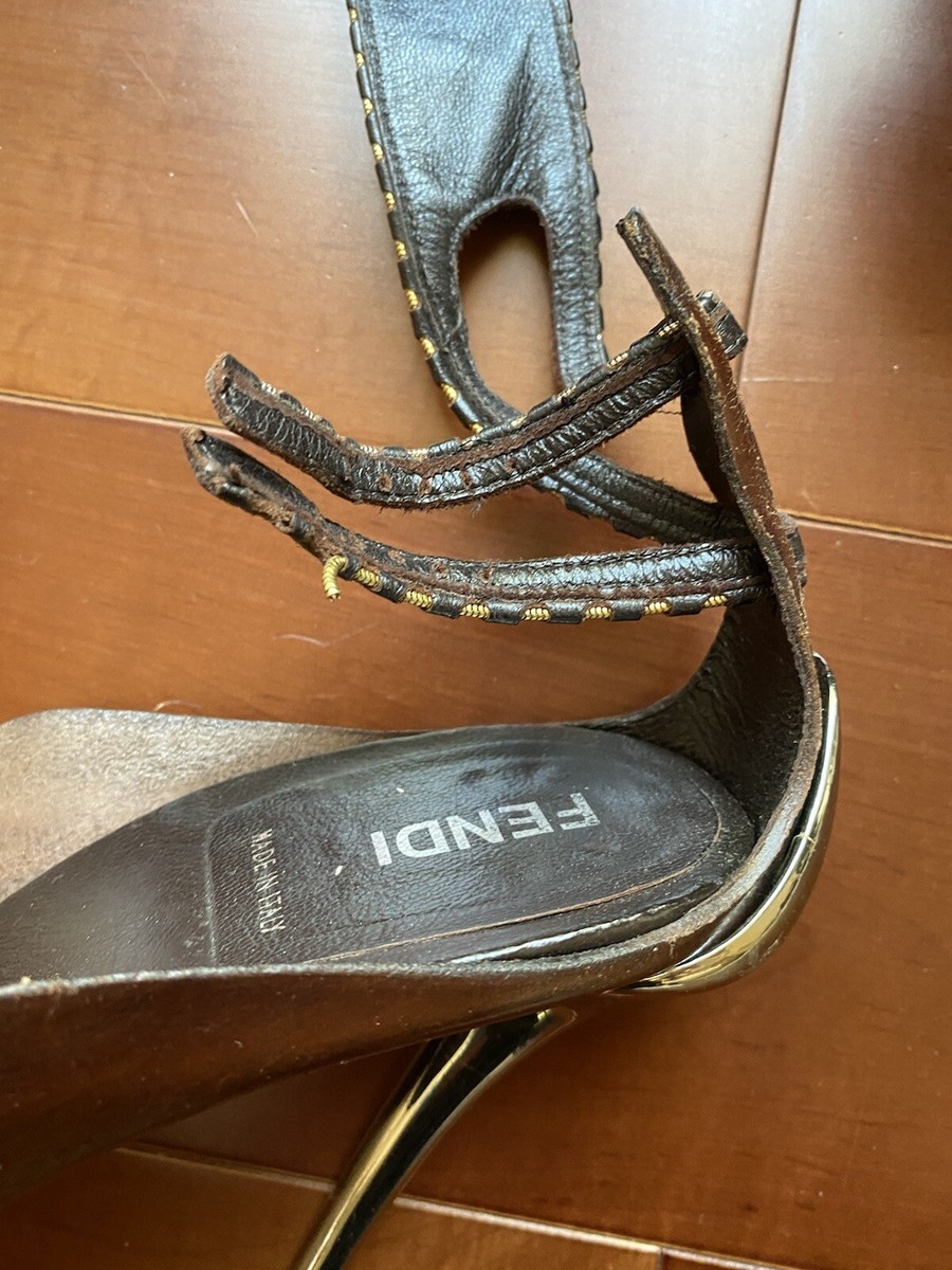 Fendi Damaged Fancy High Heels Shoes Napa+embroidery Brown