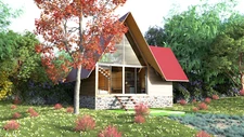 Modern cabin house plan with blueprint PDF, DWGfile & 3D Design image - 370 sqft