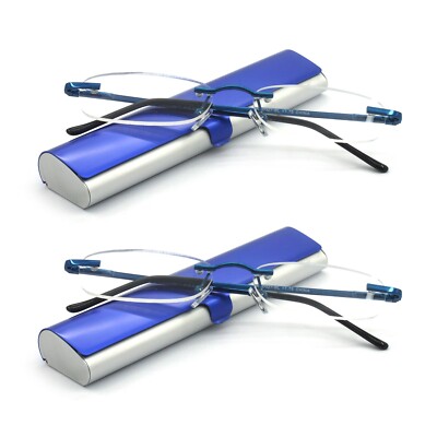 EYE ZOOM 2 Pack Compact Rimless Reading Glasses with Slim Case Men and Women