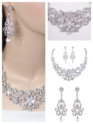 Braut Hochzeit Halskette Schmuckset, Silber funkelnde Blumen Halskette Ohrringe
