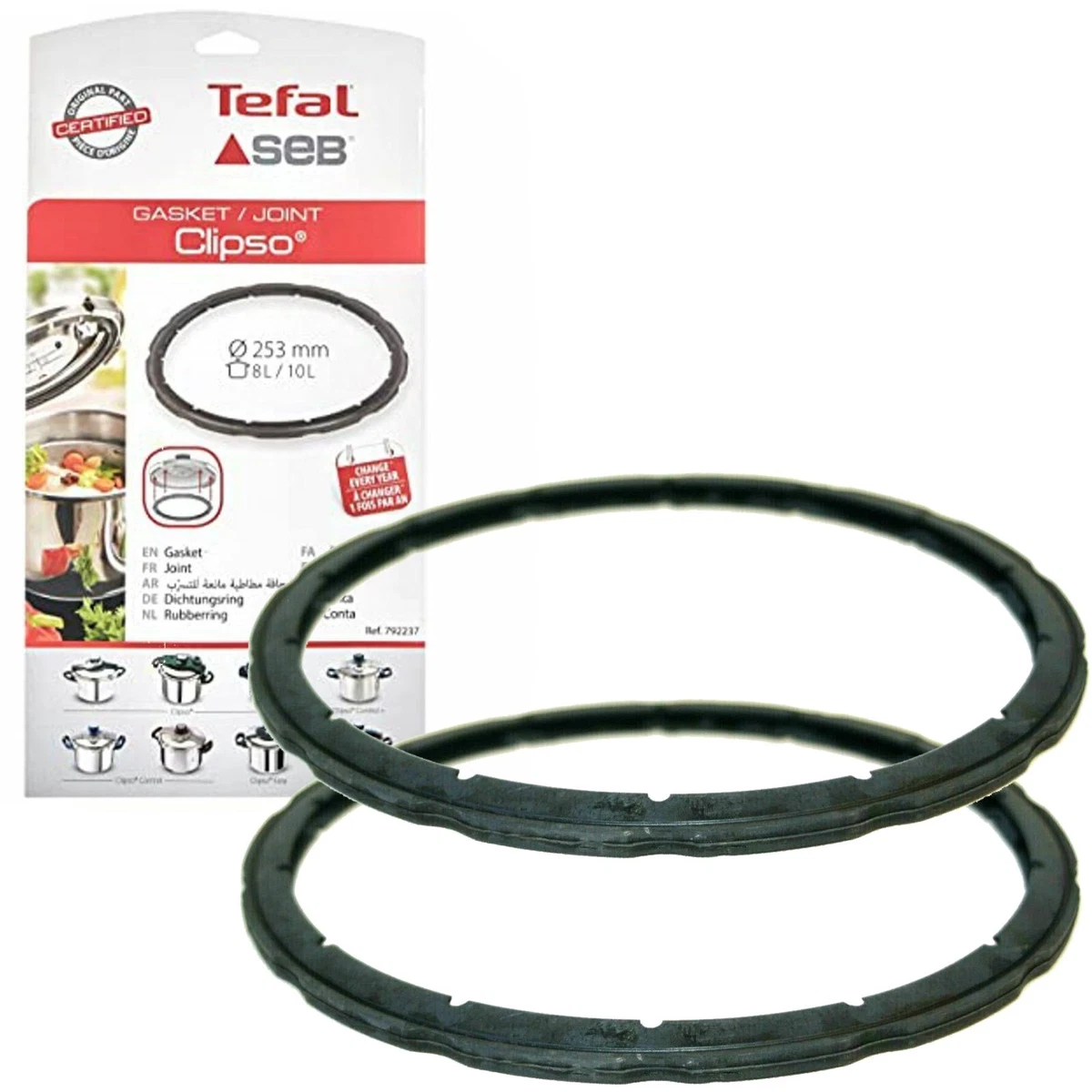 Tefal 8L 10L Clipso Pressure Cooker 253mm Rubber Gasket Seal Ring Genuine x  2