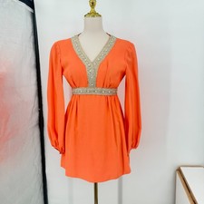 Vintage 60s Coral Highlighter Neon Babydoll Mini Dress Gold White Woven Trim