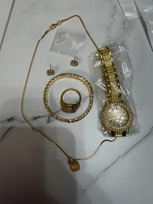 Gold White Rhinestone Jewelry Set Necklace Bracelet Ring Earrings Watch