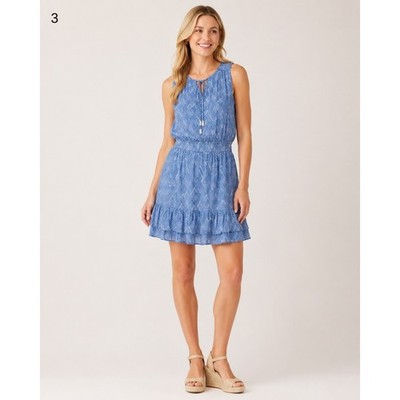Walker & Wade Dress XS Blue White Geometric Smocked Waist Ruffle Hem Beaded Tie
