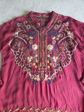 Johnny Was Top Blouse Pink Berry Floral Embroidered Roll Tab Sleeve Boho L-XL