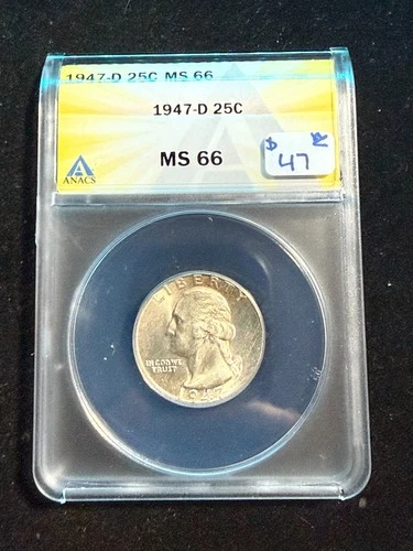 1947 D WASHINGTON QUARTER ANACS MS 66