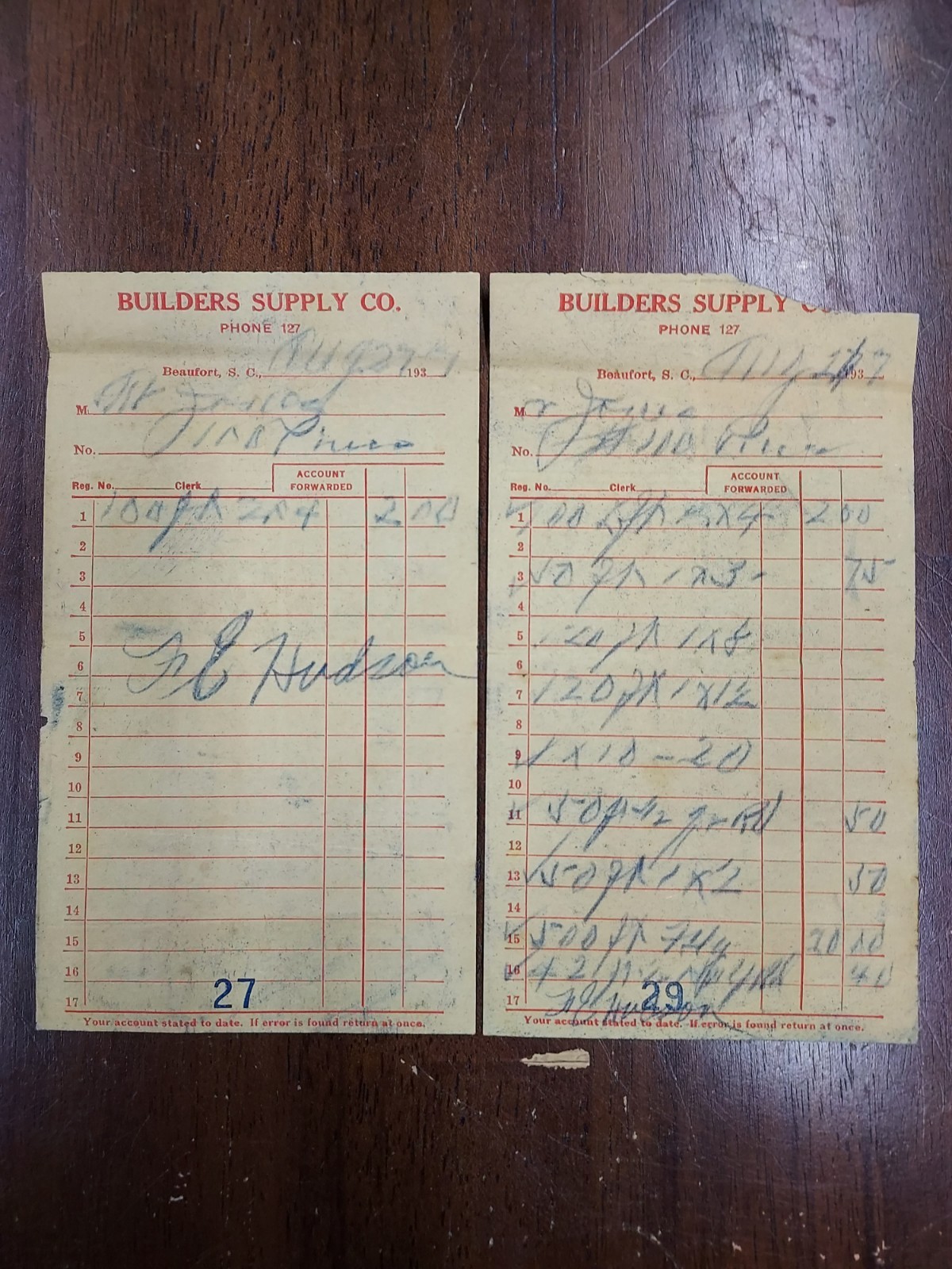 Vintage Hardware & Lumber Invoices 1937 Beaufort SC Lot of 10