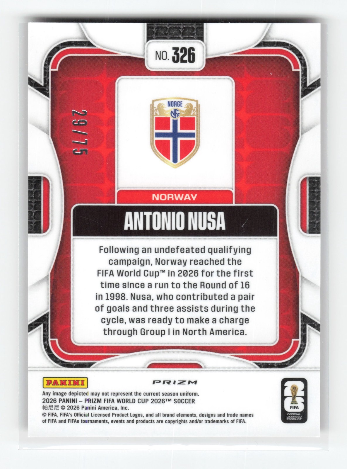 2026 Panini Prizm FIFA World Cup #326 Antonio Nusa Preferred Red Prizm #/75 view 2