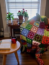 VtgCrochet Granny Square Afghan Blanket Throw Black Multicolor Handmade 70x55