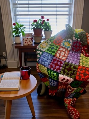 VtgCrochet Granny Square Afghan Blanket Throw Black Multicolor Handmade 70x55  