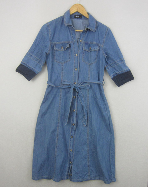 Dotti Dress Womens 8 Blue Denim Shirt Midi Belted Half Sleeve Button Front