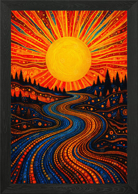 Psychedelische Sonne Fluss Landschaft Kunst Gerahmtes Wandbild Poster Leinwanddruck Bild