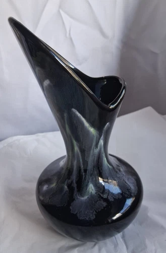 Royal Haeger Pottery Black Glaze Vase 9" 413 Blue Green White Vintage MCM