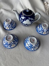 Vintage Uzbek Porcelain Teapot & Bowl Handmade Gold & Cobalt Blue Serving Set