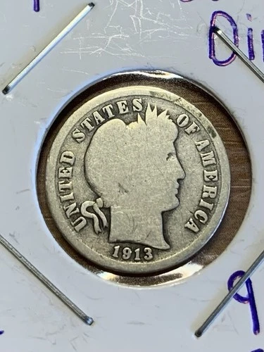 1913-P Barber Dime 90% Silver About Good Obverse/Reverse Details Sleeved