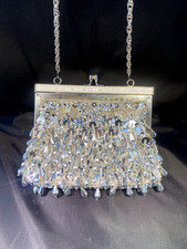 Vintage Silver Sequin Beaded Evening Bag Purse Prom with Long metal Chain Strap