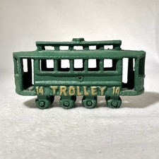 Vintage Cast Iron Trolley Street Car 14 Green Painted Metal Toy Collectible