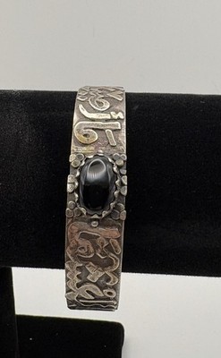 Vintage Egyptian 900 Silver Cuff Bracelet Black Onyx Hallmarked Mid Century