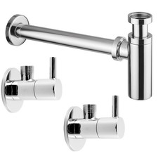 Design Siphon Sifon + 2x Eckventil Waschbecken Ablauf Ablaufgarnitur Anschluss