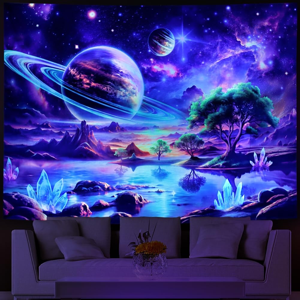Blacklight Galaxy Space Tapestry UV Reactive Planet Wall Hanging