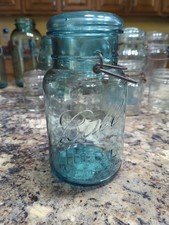 Vintage Ball Ideal Blue Glass Lid Wire Top July 14 1908 Quart Mason Jar #6