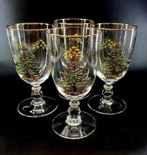Spode Christmas Tree Wine Water Glasses Goblets Stemware Pedestal  7" set of 4