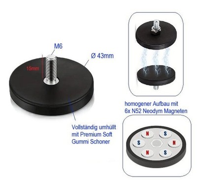 Ø 43mm runder Magnet M8 Gewinde männlich und Premium Soft Gummi Schon Überzug