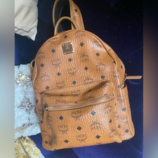 MCM Cognac Logo Print Backpack with Front Zip...