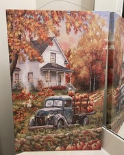 Autumn Canvas Artwork Rustic Cottage Truck w/ Pumpkins Golden Retrievers Dogs