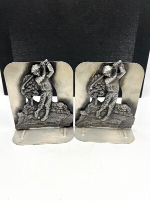 Awesome Pair Of Vintage Antique Golfer Bookends Metal 1920's