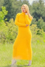 Yellow long mohair dress designer fuzzy wool cable knit handknit gown SuperTanya