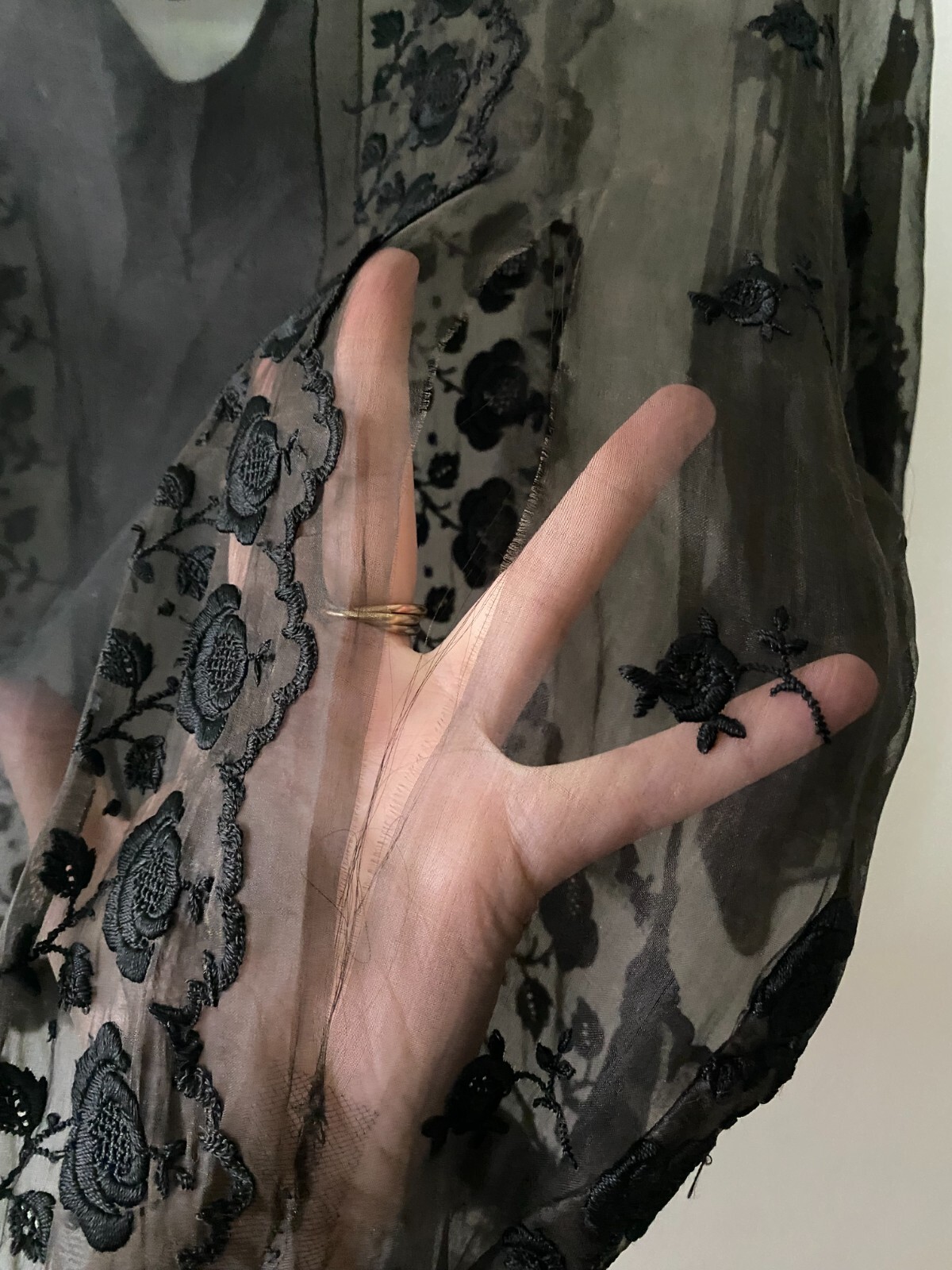 Rare Antique Victorian Edwardian Black Embroidered Sheer Dress Goth Small