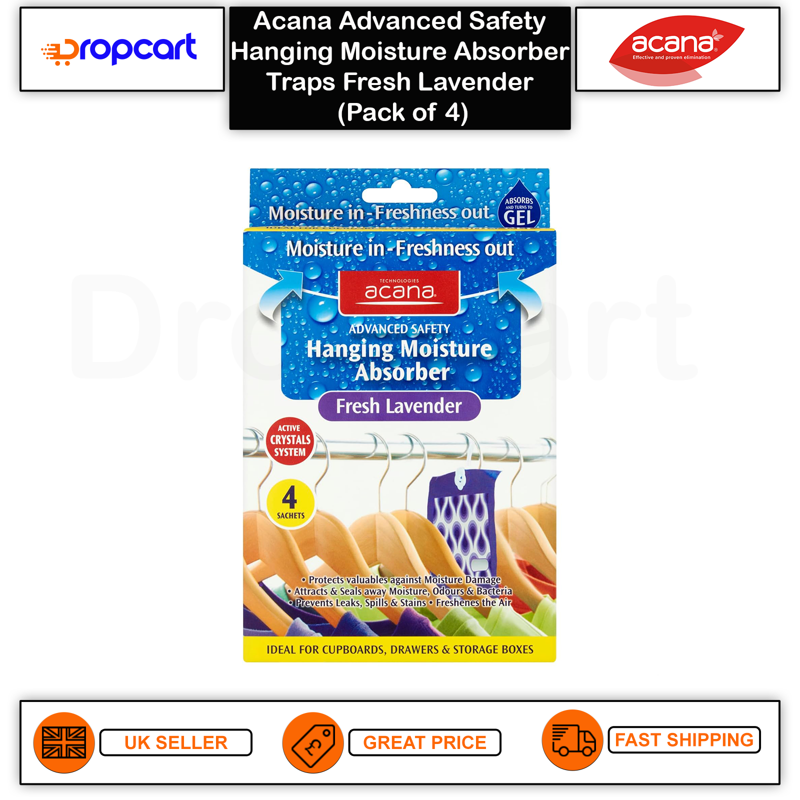 Acana Advanced Safety Hanging Moisture Absorber Traps Fresh Lavender 4 Sachets