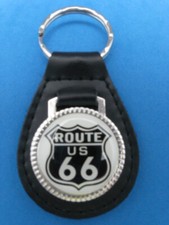 ROUTE 66 BLACK LEATHER KEYRING KEYFOB BLACK SHIELD #168