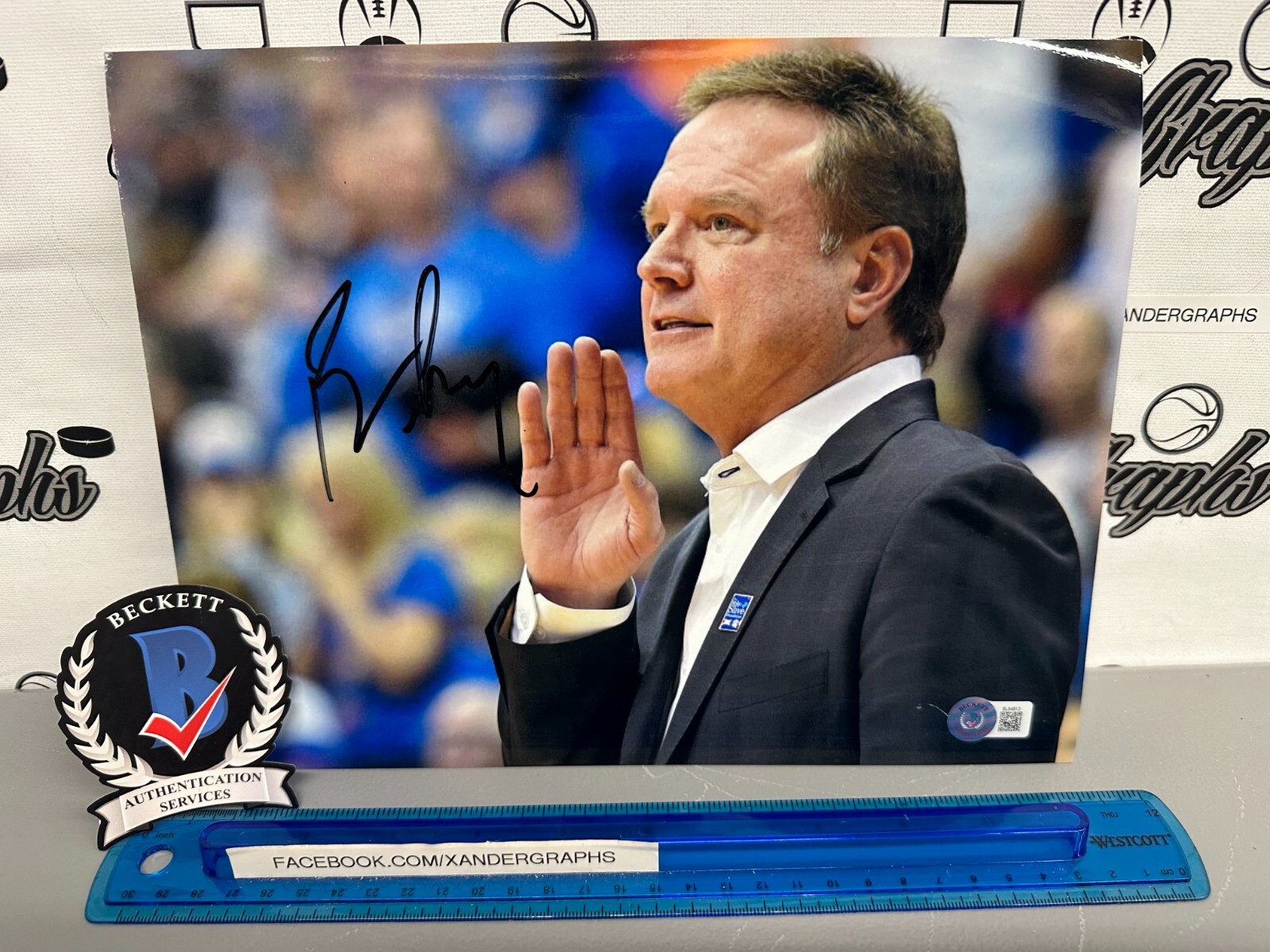 COACH NATIONAL CHAMPIONSHIP Autographed Signed Kansas Jayhawks BILL SELF 8x10 KANSAS JAYHAWK BASKETBALL PHOTOGRAPH BECKETT BAS 