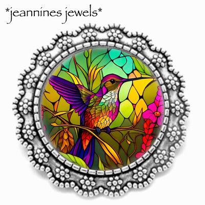 Hummingbird Silver Brooch Pin Faux Stained Glass Art Print Birdwatcher Gift
