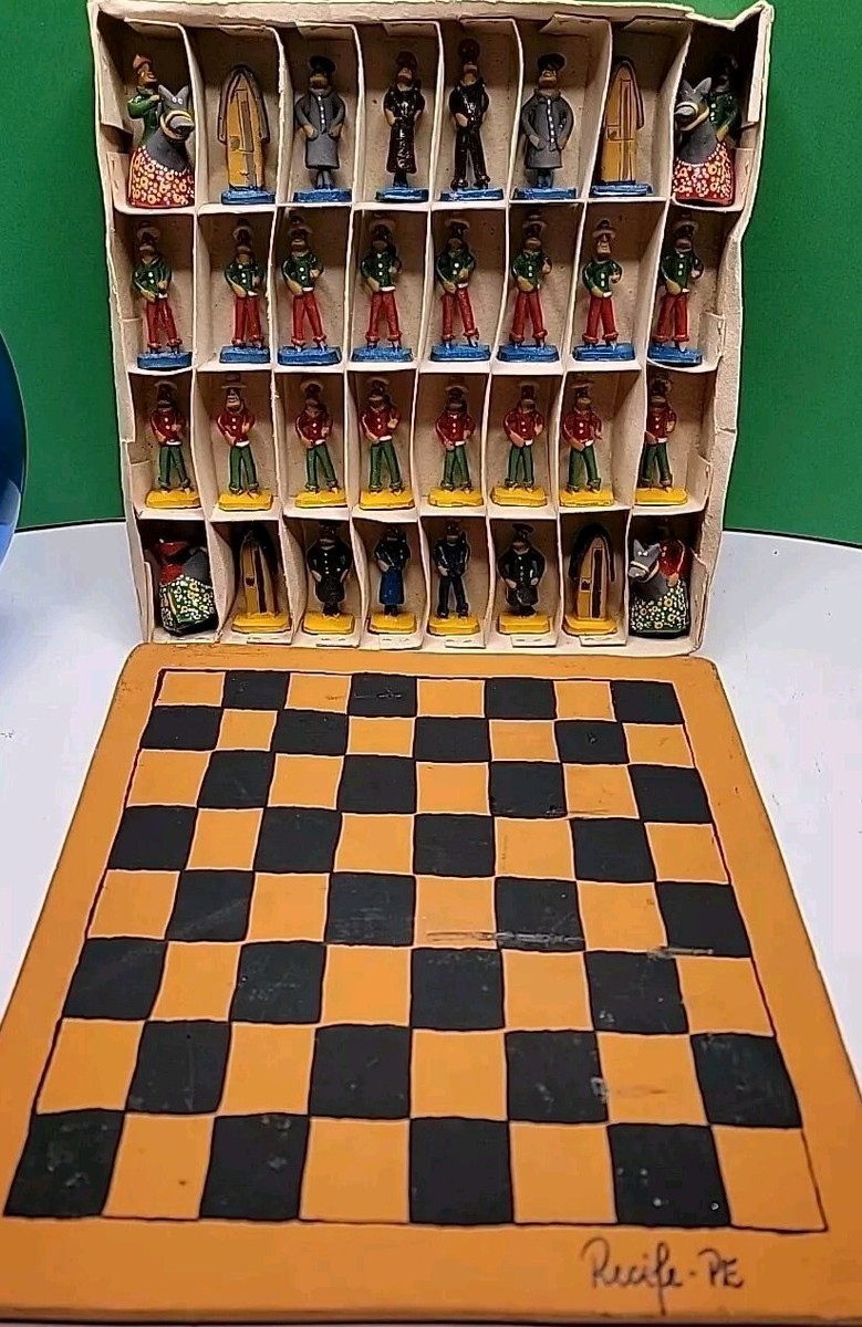 Rare Vintage Handmade Painted Crafted Brazilian Chess Set