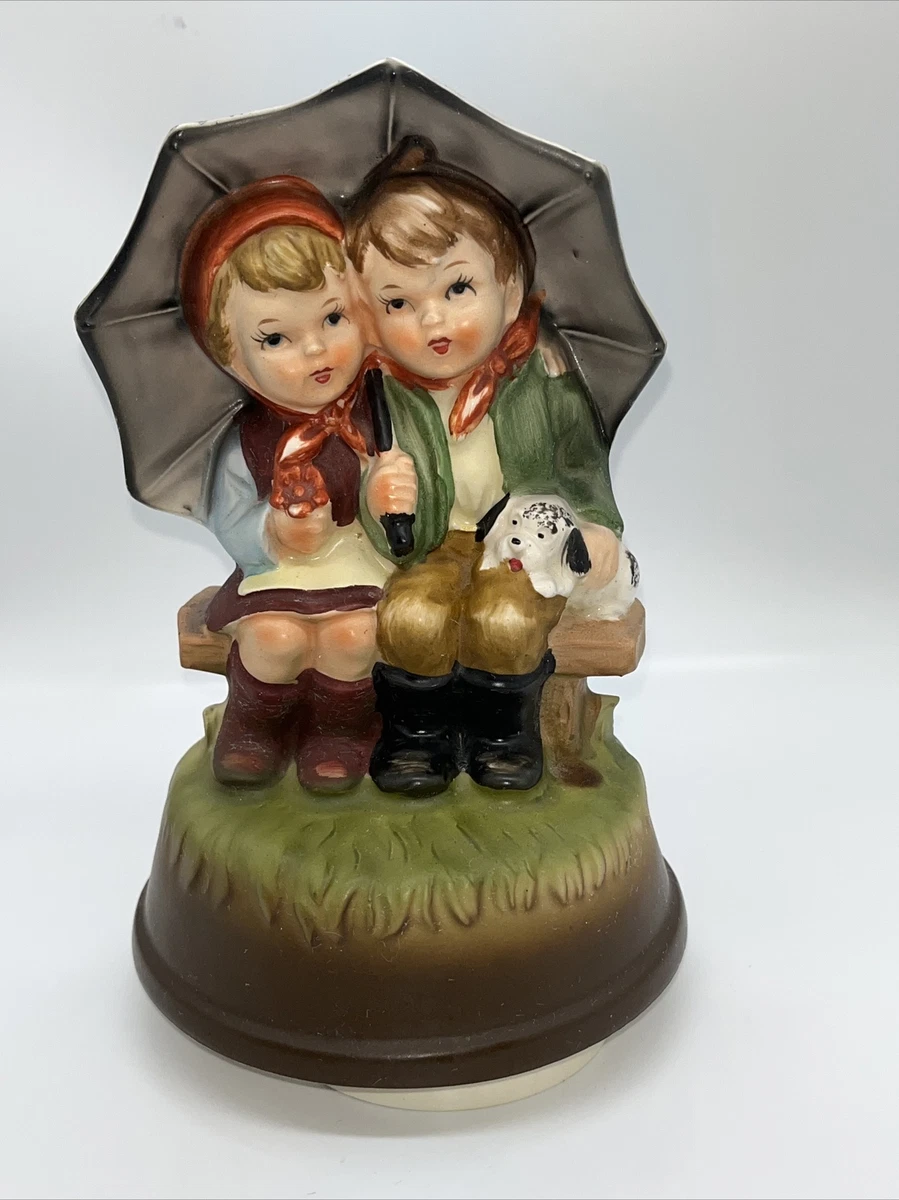 Vintage Japan Hummel Style Ceramic Music Box Boy And Girl Under