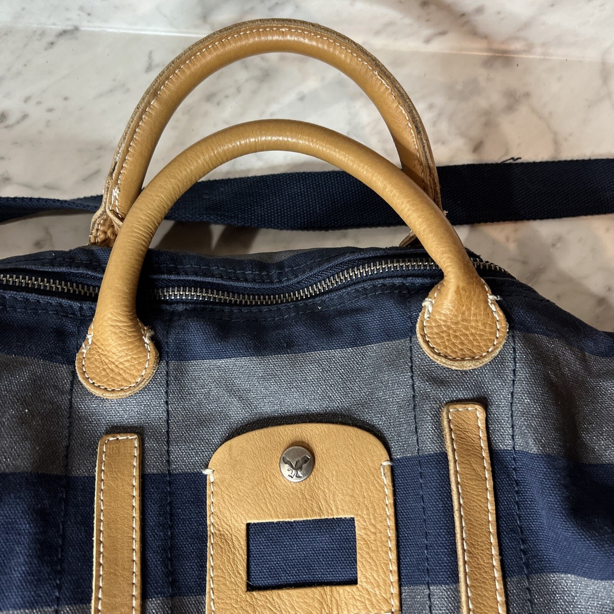 AMERICAN EAGLE Large Navy Blue & Denim Canvas & Tan Leather
