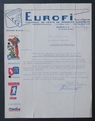 Rechnung BELGIEN 1952 BRÜSSEL EUROFI PARROT STAEDTLER illustriert 56
