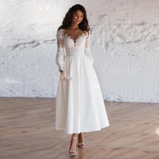 Beach Short Wedding Dresses Scoop Neck Appliques Long Sleeve Bridal Gowns Custom