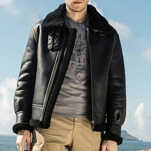 Men’s Raf Black B3 Bomber Genuine Leather Jacket Faux Fur Lined Vintage - Picture 2 of 6