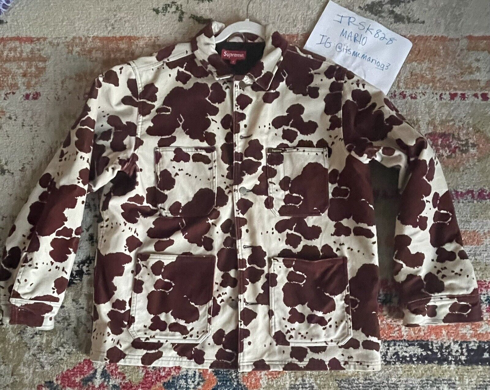 SUPREME VELVET CHORE COAT COW PRINT Size MEDIUM SS20 dogs ducks work cdg  kith