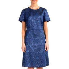 Hugo Boss Dargy Blue Floral Jacquard Dress Size 10 Short Sleeve Pleated Office