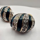 Vintage 80s Teal Blue Enamel Silver Tone Rhinestone Half Hoop Earrings Jewelry