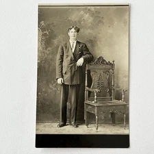 Antique RPPC Real Photograph Postcard Young Man Beautiful Ornate Chair