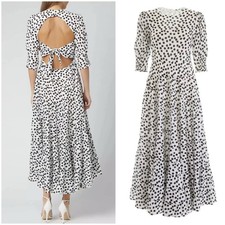 RIXO White Dress, Size M, Agyness Polka Dot Maxi RRP $700 Sleeves Cotton Silk